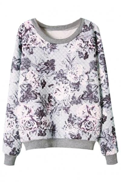Oasap Textured Grey Graphic Floral Sweatshirt