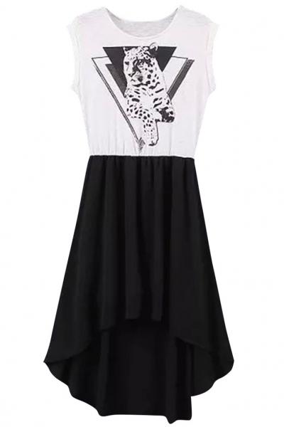 Oasap Leopard Print Color Block High-low Dress