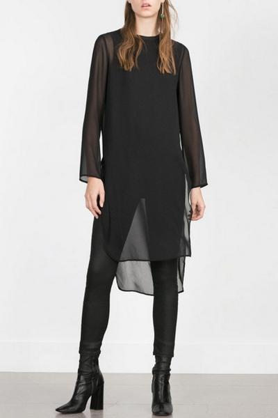 Oasap Black Side Slit High Low Design Sheer Blouse