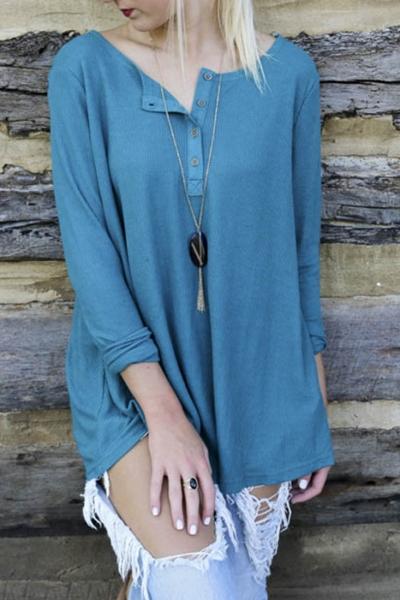 Oasap Button Front Round Neck Long Sleeve Asymmetric Tee