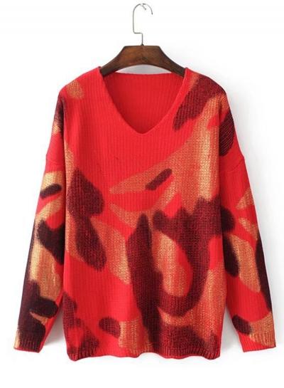 Oasap V Neck Long Sleeve Color Block Pullover Sweater