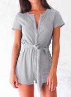 Oasap Round Neck Short Sleeve Button Down Romper
