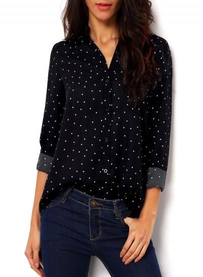 Oasap Fashion Polka Dot Button Down Shirt