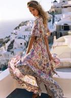 Oasap V Neck Floral Print Lace Up Maxi Dress