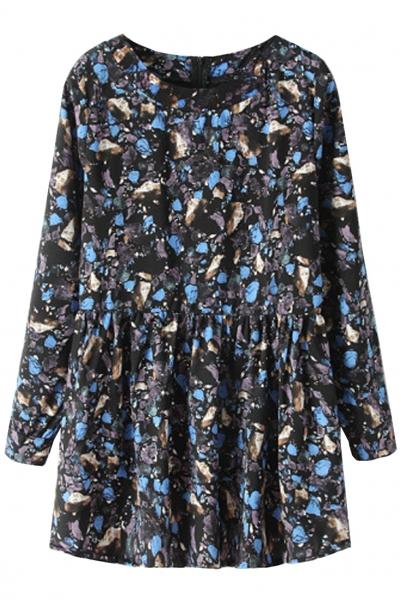 Oasap Chic Blue Diamond Pattern Pleated Tunic