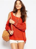 Oasap Round Neck Off Shoulder Long Sleeve Solid Sweaters