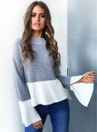 Oasap Round Neck Flare Sleeve Slit Color Block Knit Sweater