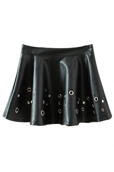 Oasap Fashion Flare Up Beaded Black Mini Pu Skirt
