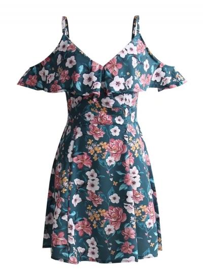 Oasap Spaghetti Strap V Neck Floral Print Mini Dress