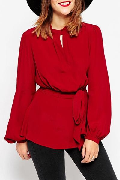 Oasap Vintage Backless Lantern Sleeve Belted Chiffon Blouse