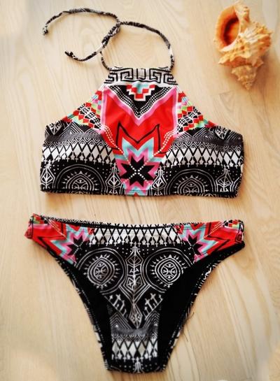 Oasap Halter Geometric Print High Waist Bikini Set