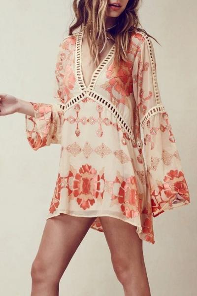Oasap Casual Flare Sleeve Printing Bohemia Mini Dress