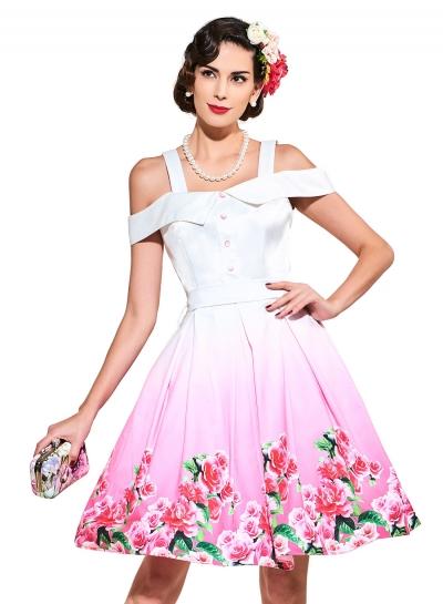 Oasap Spaghetti Strap Off Shoulder Floral Printed Midi Dress