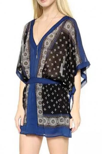 Oasap Casual Batwing-sleeves Tribal Print Dress
