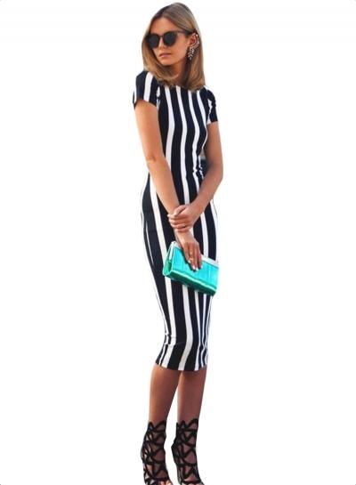 Oasap Fashion Striped Short Sleeve Bodycon Midi Dress