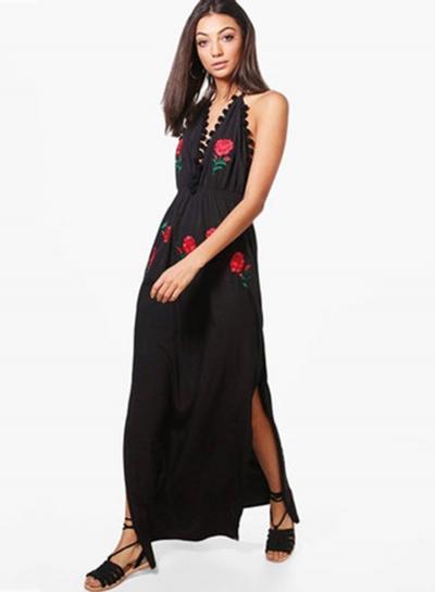 Oasap Halter Backless Floral Print Maxi Dress