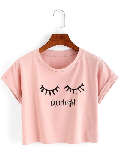 Oasap Fashion Short Sleeve Eyelash Printed Cropped Tee