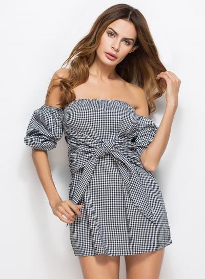 Oasap Strapless Short Sleeve Plaid Tie Waist Mini Dress