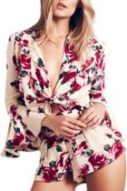 Oasap Women Floral Print Bowknot Front Deep V Flare Sleeve Romper