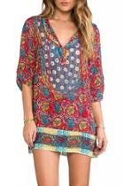 Oasap Baroque Print Lace-up Front Three Quarter Sleeve Chiffon Dress