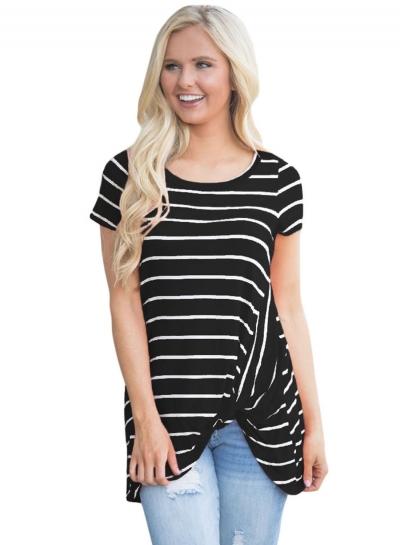 Oasap Fashion Front Knot Short Sleeves Striped Tee