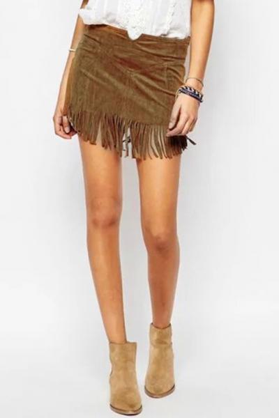 Oasap Fashion Manual Cutting High Waist Tassel Skirt