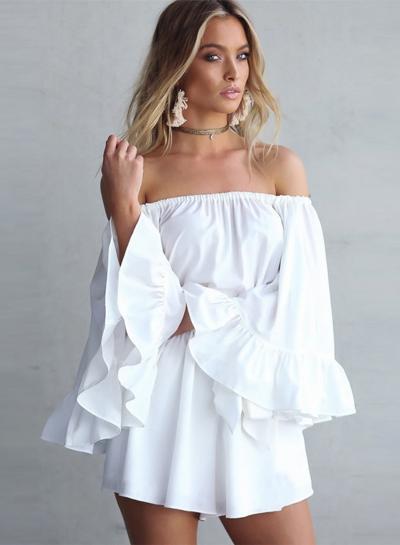 Oasap Solid Off Shoulder Flare Sleeve Loose Romper With Belt