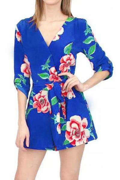 Oasap Blue Floral Print Surplice Romper