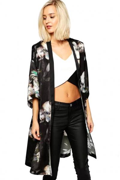 Oasap Stylish Floral Black Open-front Long Shirt