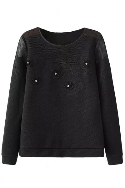 Oasap Sweet Grid Mesh Paneled Floral Decor Jacquard Sweatshirt