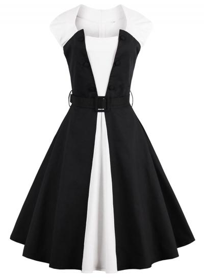 Oasap Sleeveless Color Block Party Swing Dress With Belt