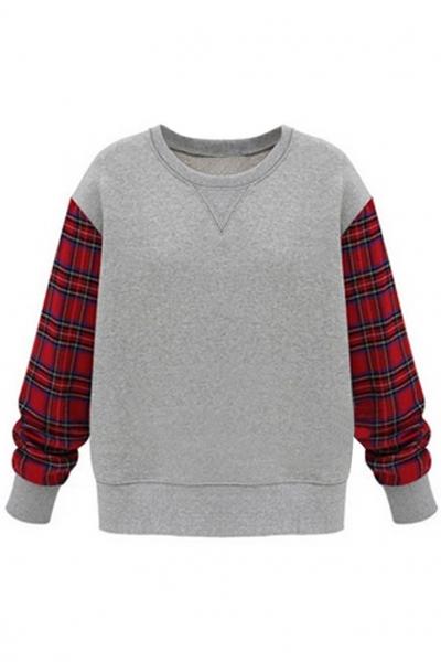 Oasap Plaid Long Sleeve Paneled Sweatshirt