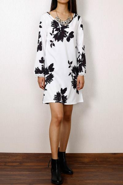 Oasap Stylish Floral Printing Flare Sleeve Dress