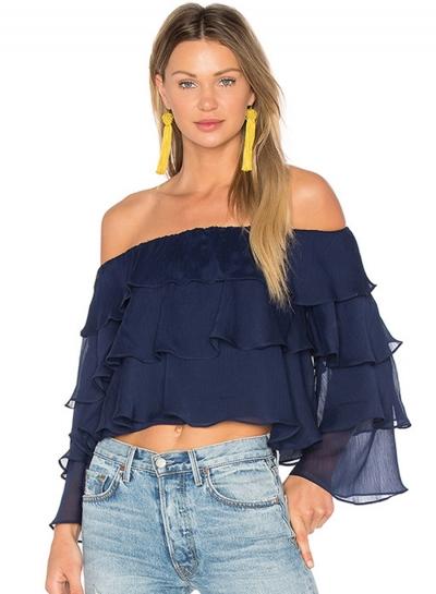 Oasap Slash Neck Long Sleeve Chiffon Blouse