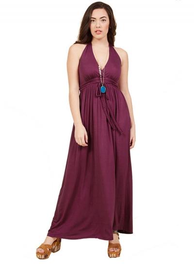 Oasap Halter V Neck Backless Sleeveless Solid Color Maxi Dress