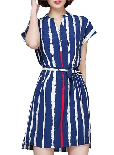 Oasap Women V-neck Short Sleeve Tie Waist Vertical Stripe Dress