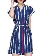 Oasap Women V-neck Short Sleeve Tie Waist Vertical Stripe Dress