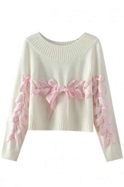 Oasap Sweet O Neck Bow Decor Sweater
