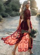 Oasap Deep V Neck Short Sleeve High Waist Lace Prom Dress