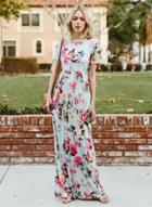 Oasap Floral Printed Short Sleeve Maxi Dress With Pockets