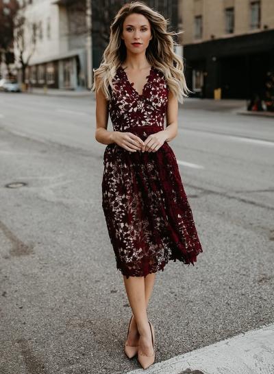 Oasap V Neck Sleeveless Lace Midi Party Dress