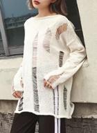Oasap Solid Slash Neck Ripped Knitted Sweater