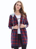 Oasap Hooded Plaid Button Down Blouse