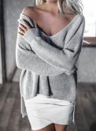 Oasap V Neck Long Sleeve Solid Color Knit Sweater