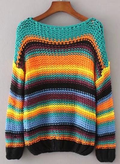 Oasap Fashion Long Sleeve Color Block Chunky Knit Sweater
