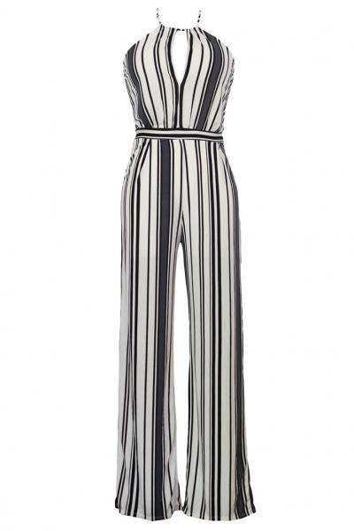 Oasap Black White Stripes Halter Jumpsuit