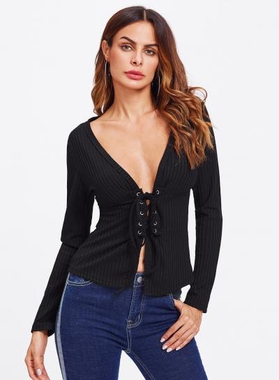 Oasap Deep V Neck Long Sleeve Solid Color Lace Up Tee Shirt