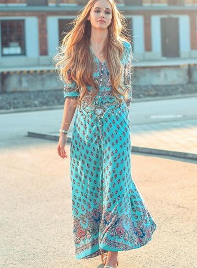 Oasap Bohemian Floral Printed V Neck Split Dress