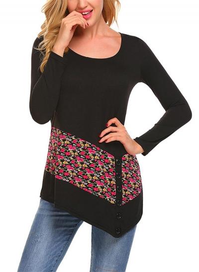 Oasap Floral Round Neck Long Sleeve Irregular Pullover Tee