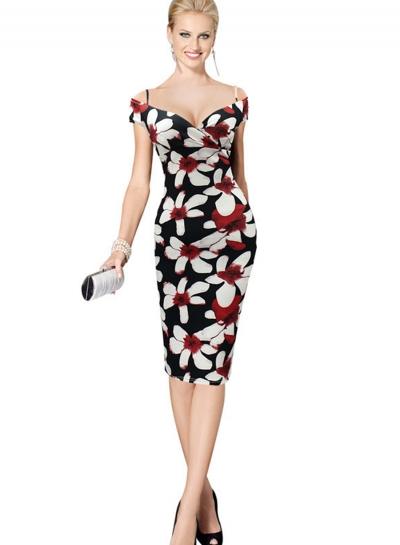 Oasap Off Shoulder Floral Print Spaghetti Strap Bodycon Dress